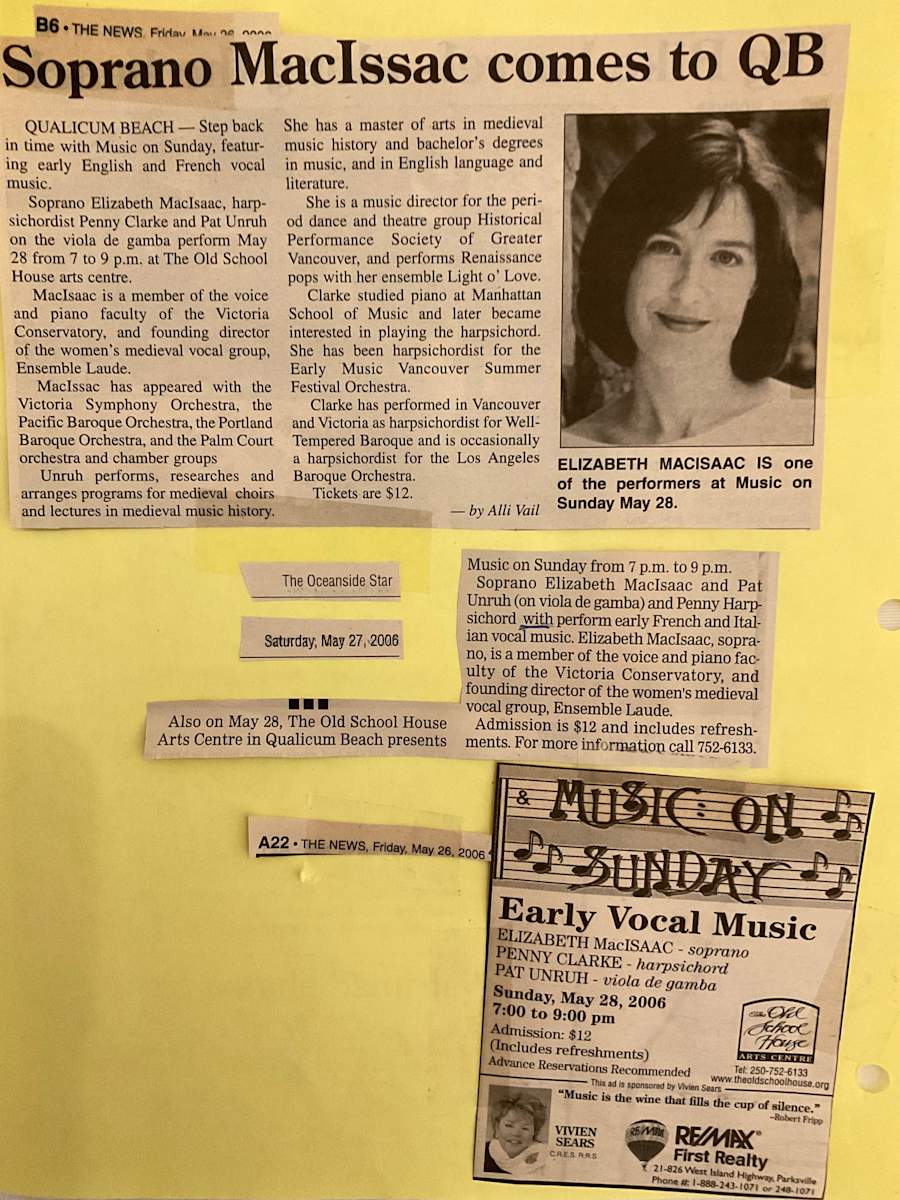 Music on Sunday Early Vocal Music / Soprano McIssac comes to QB by Elizabeth MacIssac, Penny Clarke, Pat Unruh 