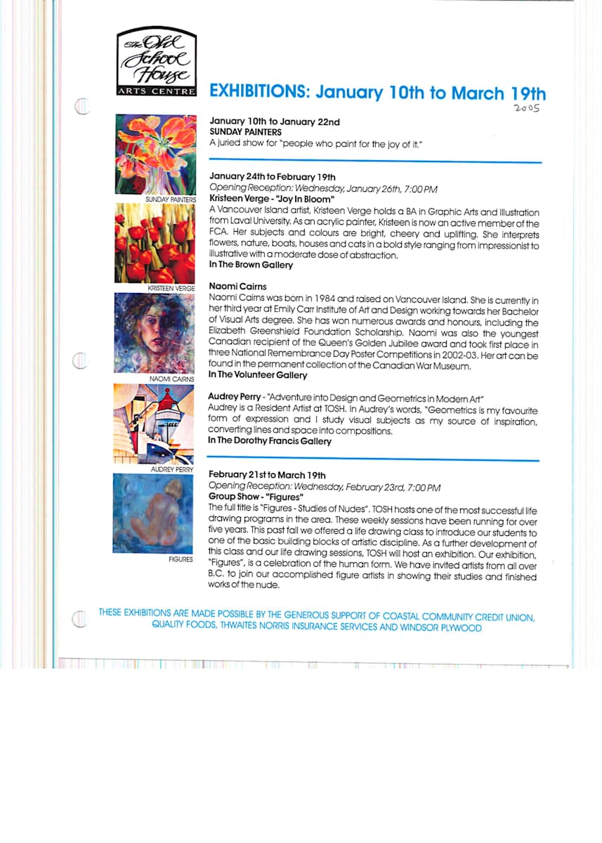 Exhibitions 2001-2005 by Naomi Cairns, Ivor Cohen, Don Farrell, Martin Hill, Audrey Perry, Marilyn Riopel, kristeen verge, Allan N. Smith, Lynda Sawyer  Image: View all pages of this PDF document at https://www.artworkarchive.com/profile/tosh/artwork/exhibitions-2001-2005