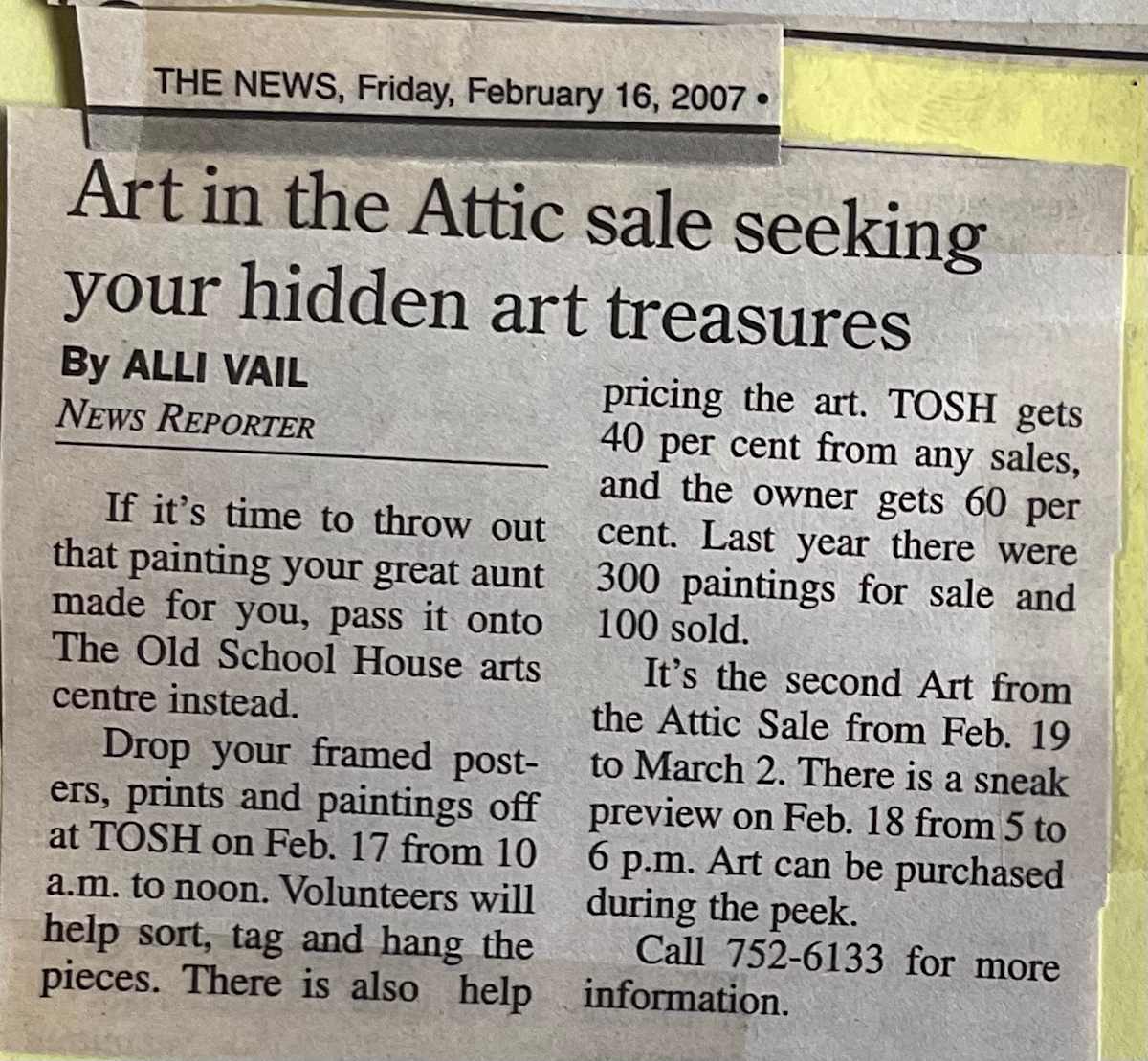 Art in the Attic sale seeking your hidden art treasures- news article 2007 