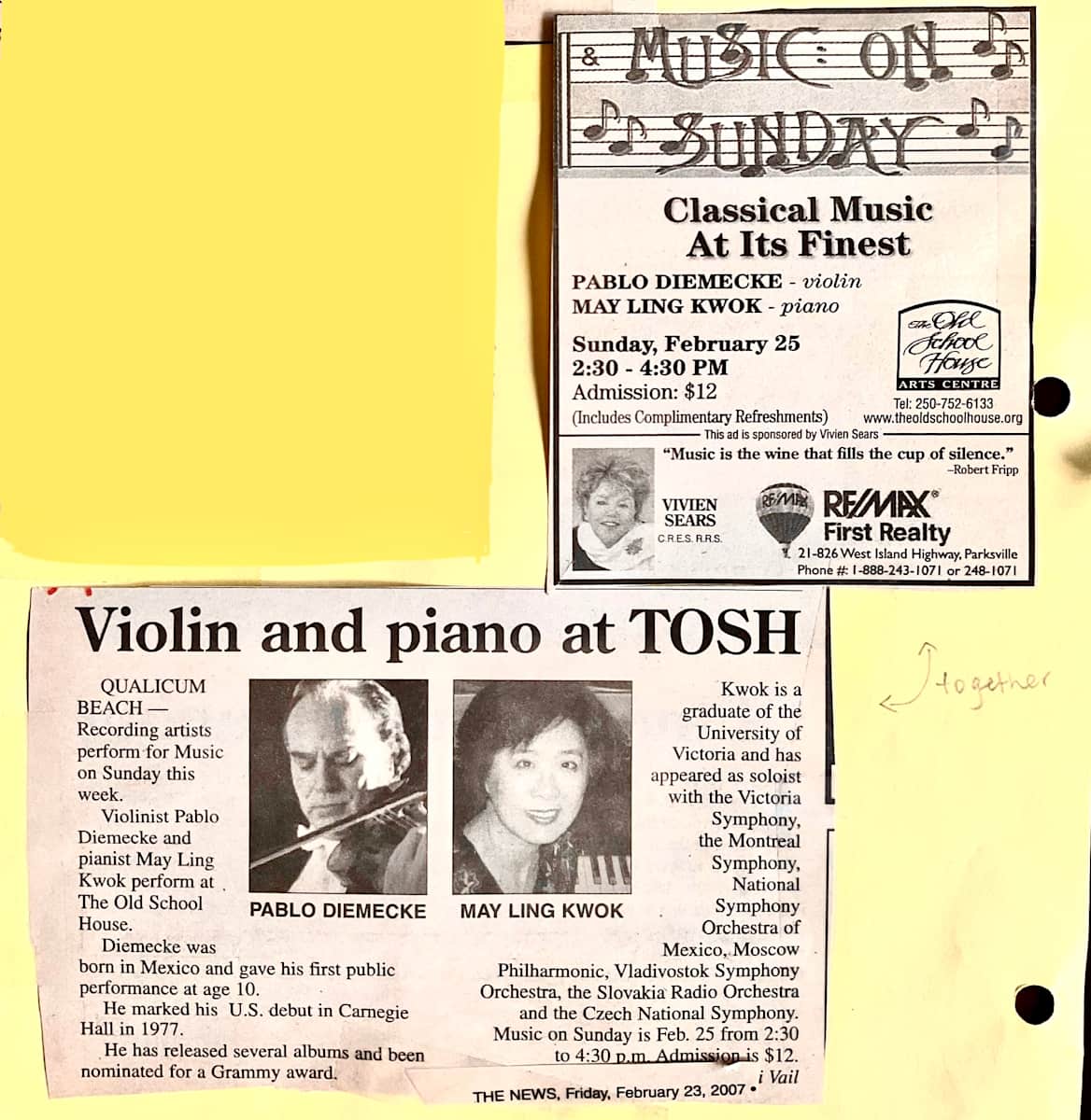 Violin and piano at TOSH - Classical Music at its finest - News clippings 2007 by May-Ling Kwok, Pablo Diemecke, May Ling Kwok 