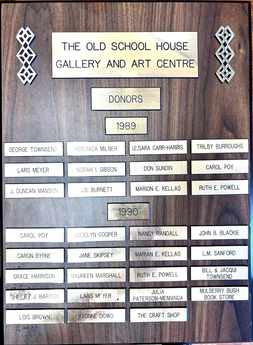 Donor Plaque 1989 1990 by Lars Meyer, Julia Paterson-Menninga, Mulberry Bush Book Store, Lois Brown, Yvonne Dowd, The Craft Shop 