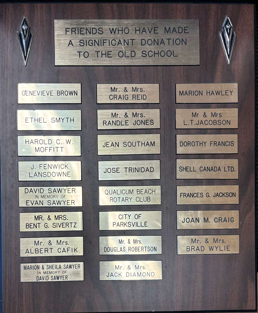 Significant Donor Plaque by Bent G. Sivertz, Mrs Cafik, Ethel Smyth, Harold C. W. Moffitt, J. Fenwick Lansdowne, David Sawyer, Craig Reid, Mrs. Reid, Jack Diamond, Mrs Diamond, Genevieve Brown, Evan Sawyer, Mrs Sivertz, Albert Cafik, Marion Sawyer, Sheila Sawyer, Randle Jones, Mrs Jones, Jean Southam, Jose Trinidad, Douglas Robertson, Mrs Robertson, Marion Hawley, L.T. Jacobson, Mrs Jacobson, Dorothy Francis, Frances G. Jackson, Joan M. Craig, Brad Wylie, Mrs Wylie 