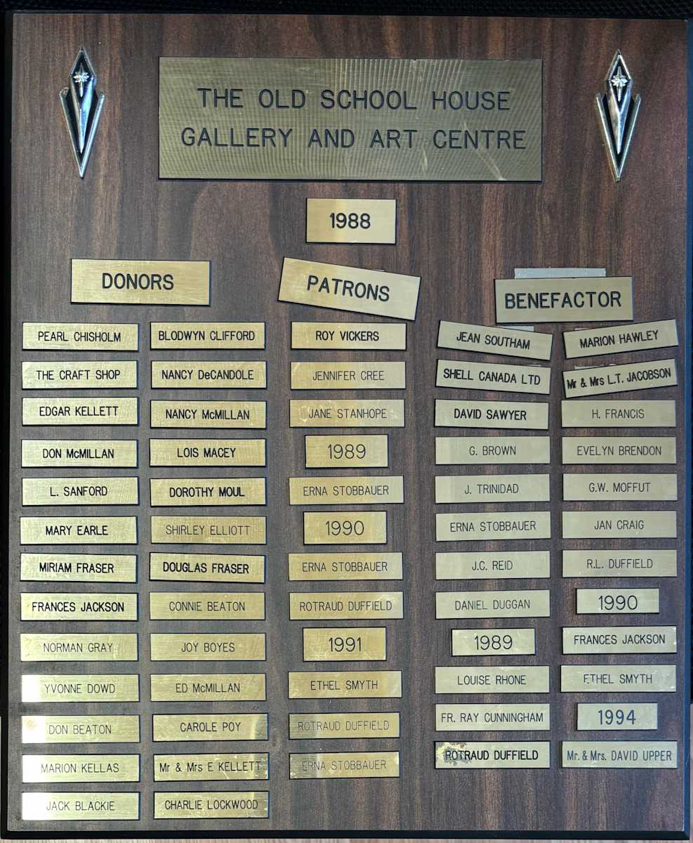 Donor Patron and Benefactor Plaque 1988 by Pearl Chisholm, The Craft Shop, Edgar Kellet, Don McMillan, L. Sanford, Mary Earle, Shirley Elliott, Miriam Fraser, Douglas Fraser, Frances Jackson, Norman Gray, Connie Beaton, Joy Boyes, Yvonne Dowd, Ed McMillan, Don Beaton, Carole Poy, Marion Kellas, Jack Blackie, E Kellett, Mrs Kellett, Charlie Lockwood, Roy Vickers, Jennifer Cree, Jane Stanhope, Erna Stobbauer, Rotraud Duffield, Ethel Smyth, Jean Southam, Marion Hawley, Shell Canada LTD, H. Francis, G. Brown, Evelyn Brendon, J. Trinidad, G.W. Moffut, Jan Craig, J.C. Reid, R.L. Duffield, Daniel Duggan, Louise Rhone, Fr. Ray Cunnignham, Rotraud Duffield, Frances Jackson, Ethel Smyth, David Upper, Mrs Upper 