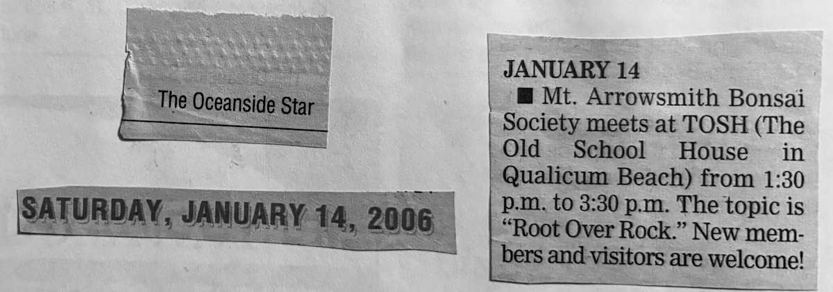 Mt Arrowsmith Bonsai Society meeting ad 