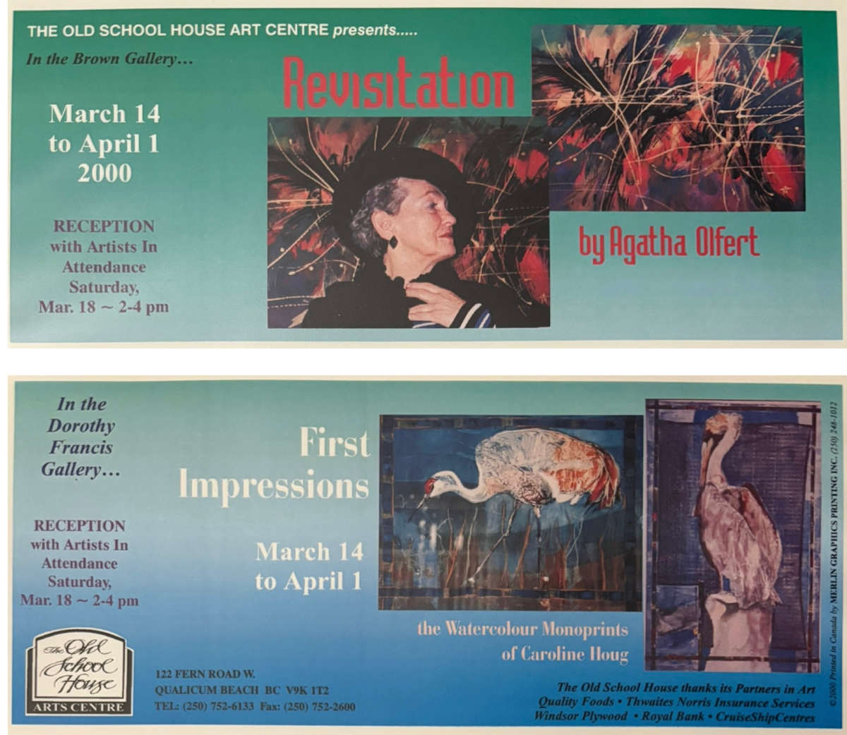 Exhibitions 2000- January to October by Larry Aguilar, Merv Brandel, Colleen Butcher, Audrey Cameron, Charlotte Campbell, Mary Leigh Campbell, Doug Folkins, Jean Grant Horner, D.F. Gray, Pat Holland, Jason Marlow, Jason Marlow, Helene McIntosh, Lynn Orriss, Pauline Pike, Jonathan Rout, Agatha Olfert, Mary Hartnell, Melanie Hartnell, Sheila Symington, Caroline Houg, Marni Hartnell, Adrienne Moore, Linda Frimer, Graham Scholes, Bob Hunt, Elaine Thompson Hunter, Dan McLeod, Sandra Martens, Marguerite Stevens, Elena Travanut, Anne-Marie Veale, Martin Bradpiece, Jack Whelan, William Allister, Nicholas Pearce, Dan Gray, Pat O’Hara, Des Bevis, Agatha Olfert, Shirley Dickie, Peter Shostak, Carmen Mongeau, Elena Travenaut, Chris Smith, Susan Russell, Joanne Bevis, Barbara Ann Scott, Rick Raxlen, Susy Raxlen, Darlene Zimmerman, Susan Murrell, Shirley Dickie 