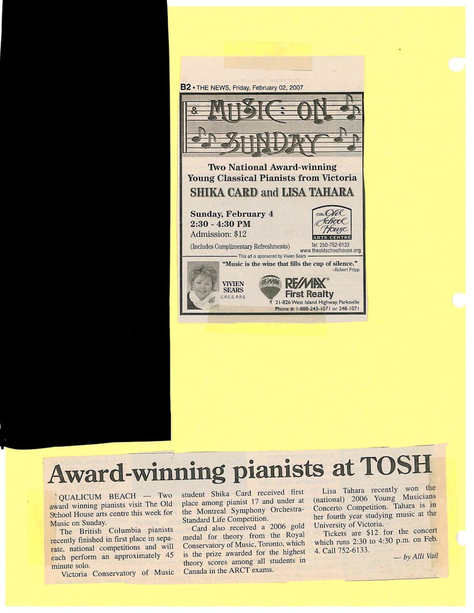 Award Wining Pianists at TOSH- News article 2007 by Shika Card, Lisa Tahara 