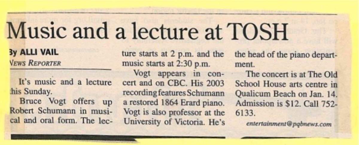 Music and lecture at TOSH- News clipping 2007 by Bruce Vogt, Robert Schumann 