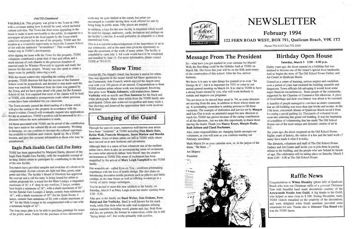 Newsletter February 1994 by Wanda Ashmore, Tina Beard, Bert Cafik, Audrey Cameron, Mary Leigh Campbell, Margot Cyr, Marlys Diamond, Don Emerson, Norma Emerson, Disa Marie Hale, Nancy Kruyt, Jason Marlow, Francois Mongeau, Gigi Obrahovic, Carole Poy, Ruth Seburn, Art Skipsey, Faye Smith, Larry Stubbins, Leo Cyr, Margie Healy, Claud Buchanan, Arrowsmith Needle Arts Guild, Nora West, Doug Folkins, Elaine Thompson, Rose Baird, Cheryl O'Blenis, Joyce Brooks, Marion Seaman, Anne Morrison, Beryl Hamilton, Island Baroque Trio, Margorie Koers, The Allegro Madrigal Singers, Joan Gosselin, Myrtle Ostrom, Erna Stobbauer, June Watson, Betty Torbet, Bonnie Chapman, Luke Mayba, Telemann, Lynne Forman, Deanna Didier, Gloria Miller, Ann Legate, Lois Folkins, Sylvia Tucker, Rebecca Dawson, Sean Virgo, Samartini and Corelli, Vancouver Cantada Singers, Trinity Western university Choir, Maestro Comissiona, Dudley Moore, James Verbicky, Marsha Andrews, Basil Weber, Dan Graham  Image: Total 2 pages