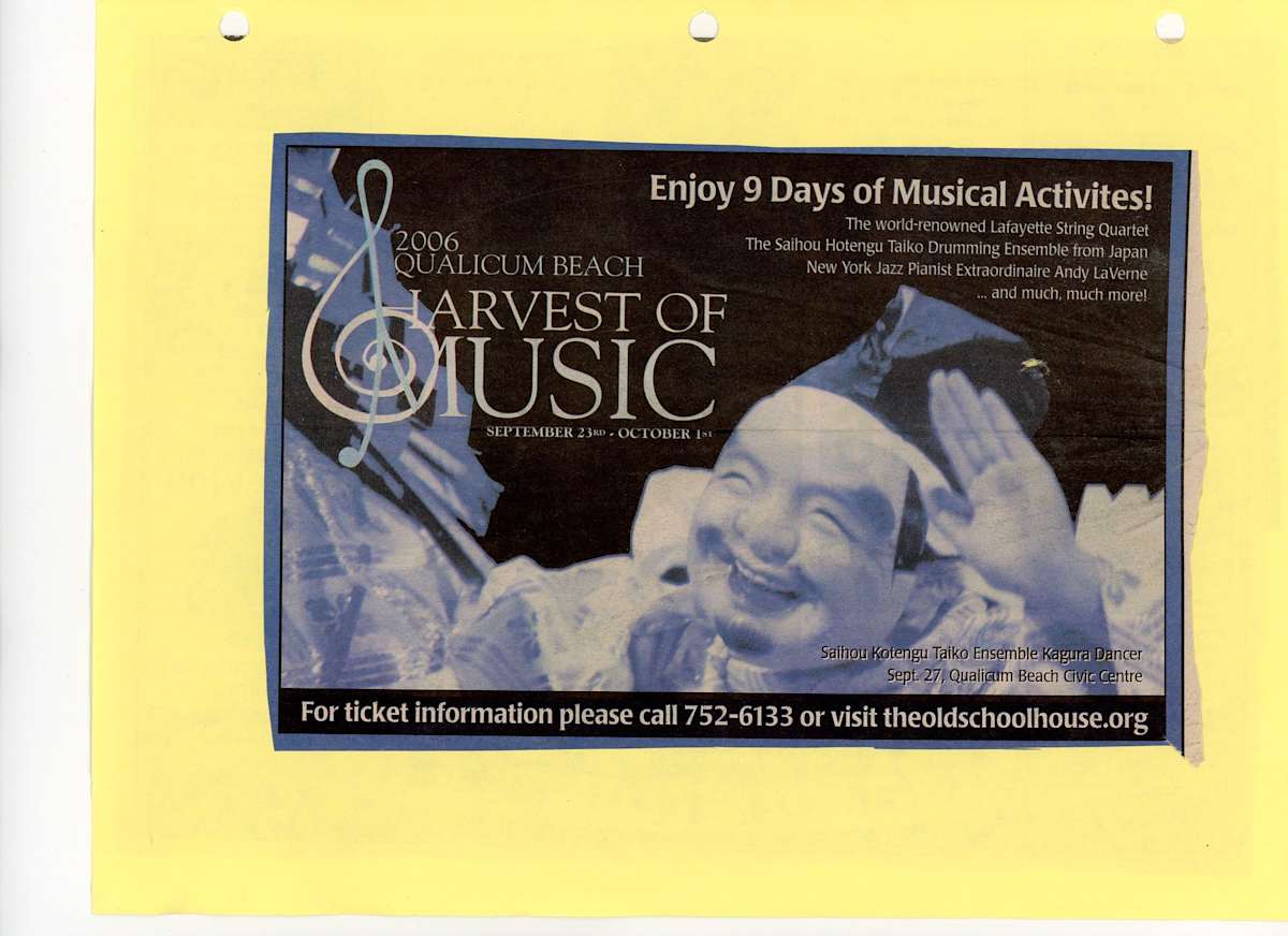 2006 Qualicum Beach Harvest of Music Newspaper Advertisement by Saiho Kotengu Taiko Kagura Ensemble, The LaFayette String Quartet, Andy LaVerne 