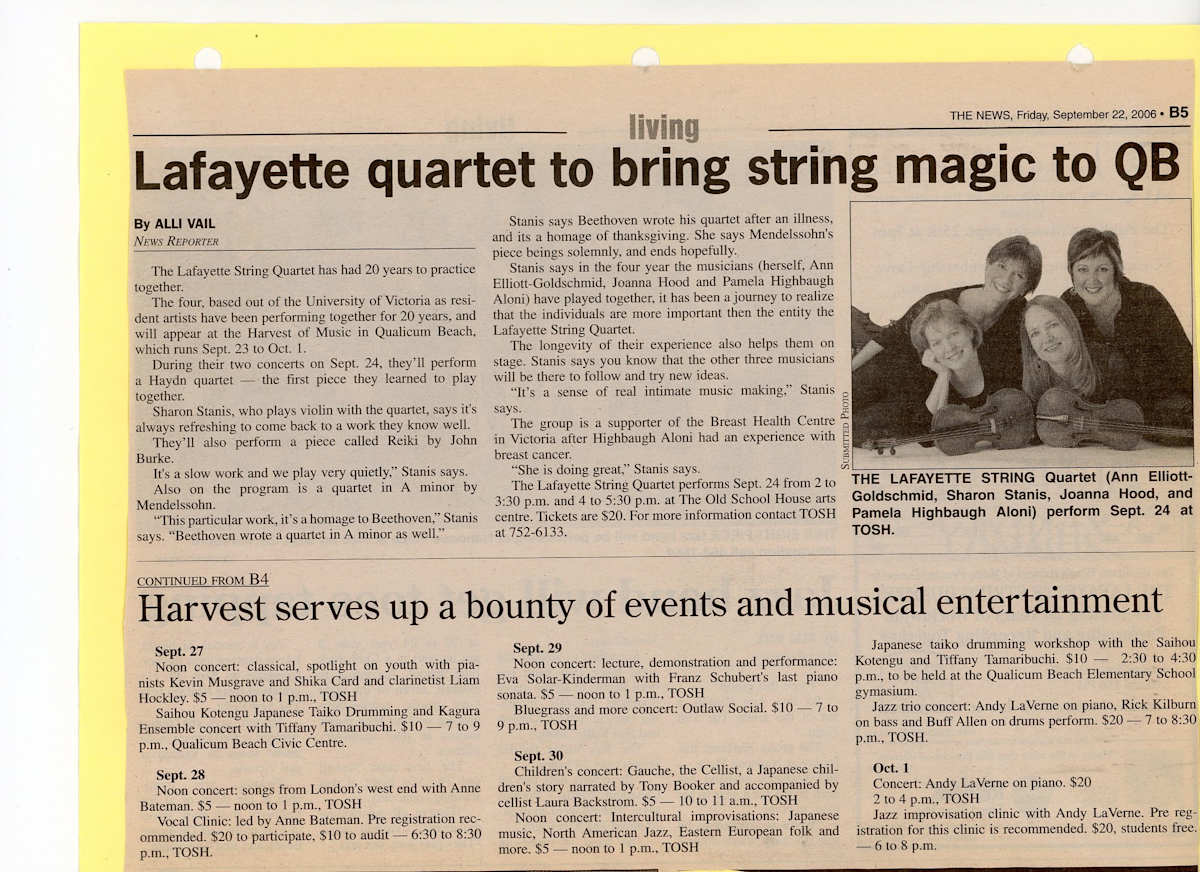 Lafayette Quartet to bring string magic to QB -2006 by Sharon Stanice, Ann Elliott-Goldschmid, Joanna Hood, Pamela Highbaugh Aloni 