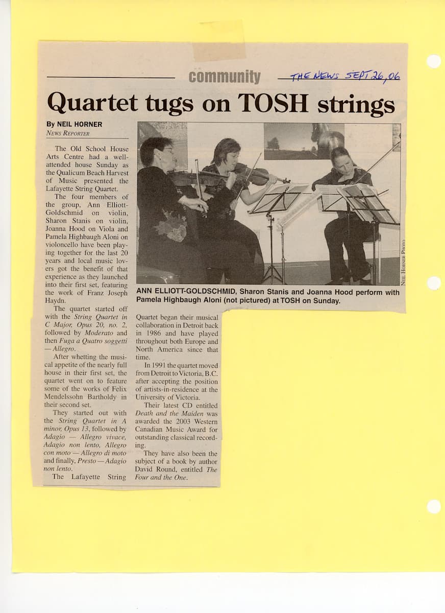 Quartet tugs on TOSH strings - 2006 by The LaFayette String Quartet, Ann Elliott-Goldschmid, Pamela Highbaugh Aloni, Joanna Hood, Sharon Stanice 