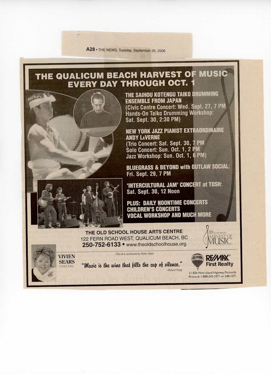 The QB Harvest of Music Every Day Through Oct 1 - 2006 by Bluegrass & Beyond, Outlaw Social, Saiho Kotengu Taiko Kagura Ensemble, Andy LaVerne 
