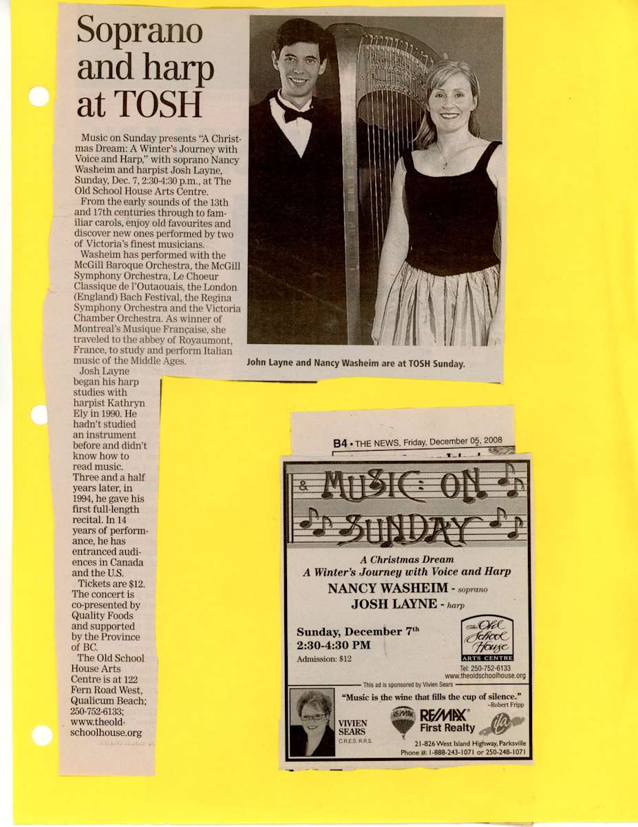 Soprano and harp at TOSH/ TOSH hosts duo- News articles 12/2008 by Josh Layne, Nancy Washeim  Image: There are a total of 2 pages 