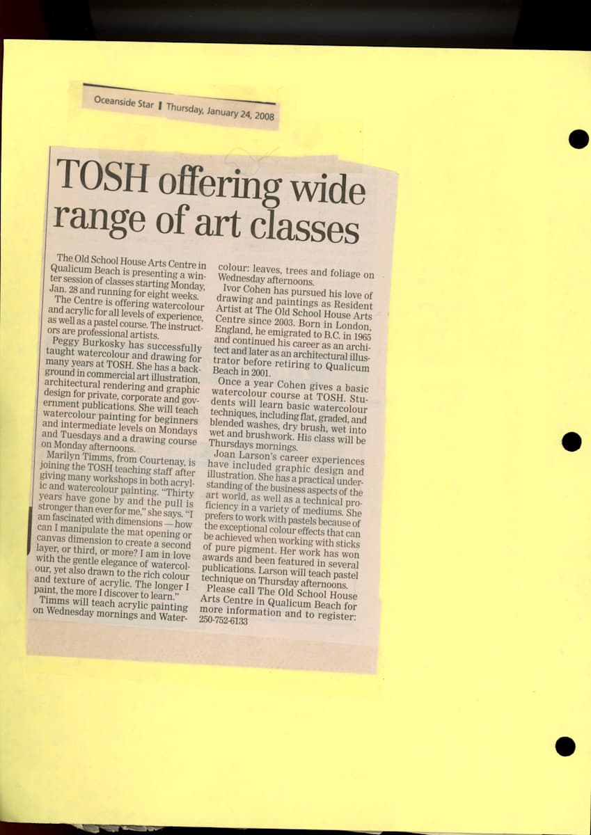 TOSH Offering wide range of art classes by Peggy Burkosky, Ivor Cohen, Joan Larson, Marilyn Timms 