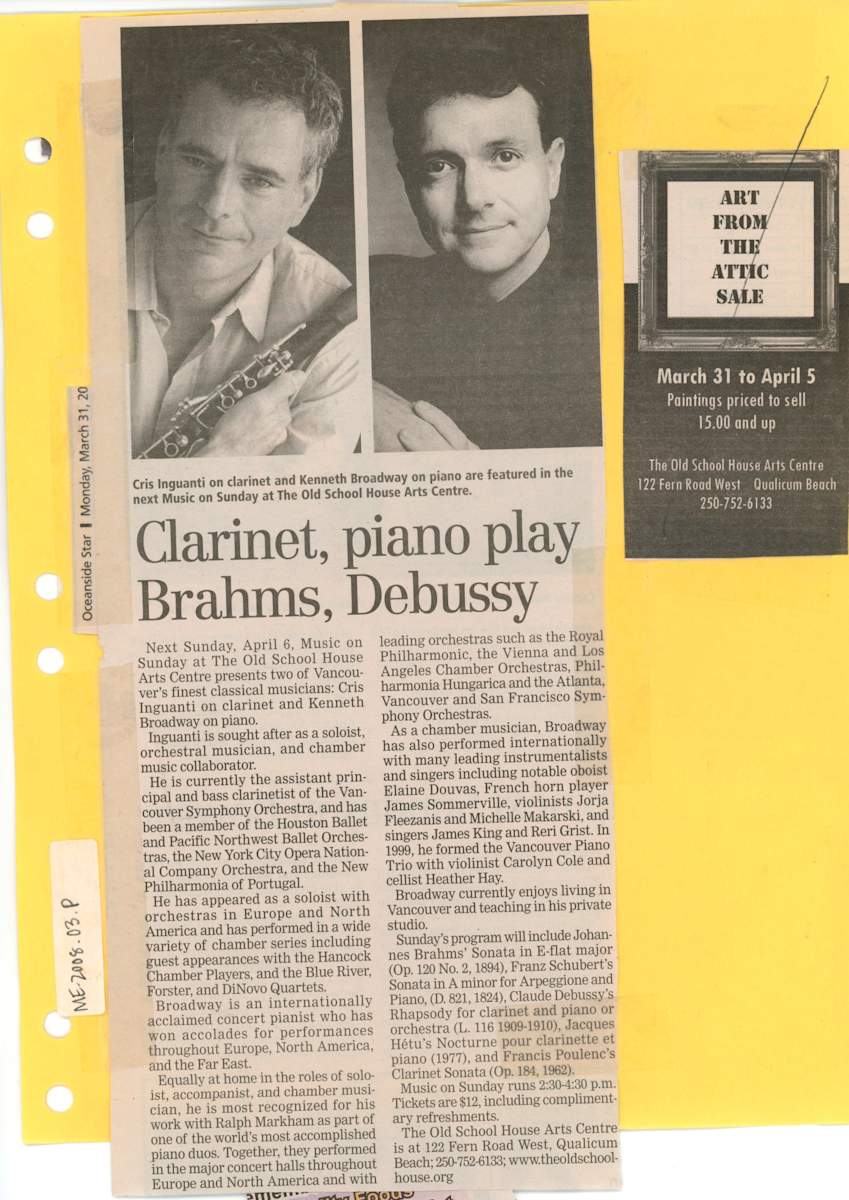 Clarinet, piano play Brahms, Debussy by Cris Inguanti, Kenneth Broadway 