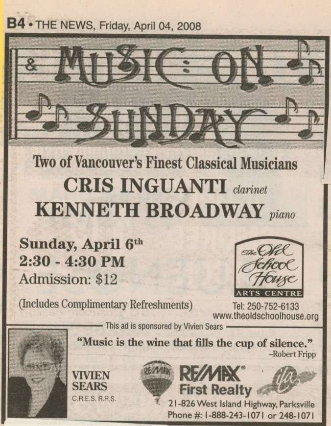 Music on Sunday - Two of Vancouver's Finest Classical Musicians Apr 2008 by Kenneth Broadway, Cris Inguanti 