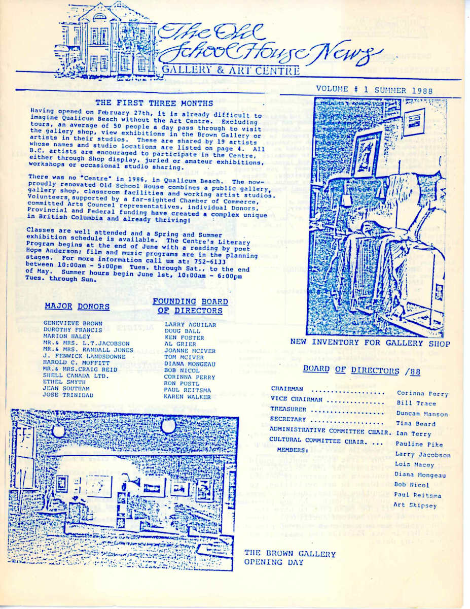 Newsletter Volume #1 Summer 1988 by Deanna Didier, Mabel Bigness, Kristeen Verge, Doug Maclean, Norma Emerson, Tina Beard, Sabina Taylor, Elaine Duncan, Michael McRae, Dee Blevins, Ron Egan, Moreen Haras, Neil Howell, John Millhill, Peter Murdoch, Margaret Selkirk, Kathy Marshall, Peggy Burkosky, Francois Mongeau, Pauline Pike, Buster Wilson  Image: Please click on pdf documents to view entire newsletter at https://www.artworkarchive.com/profile/tosh/artwork/newsletter-volume-1-summer-1988