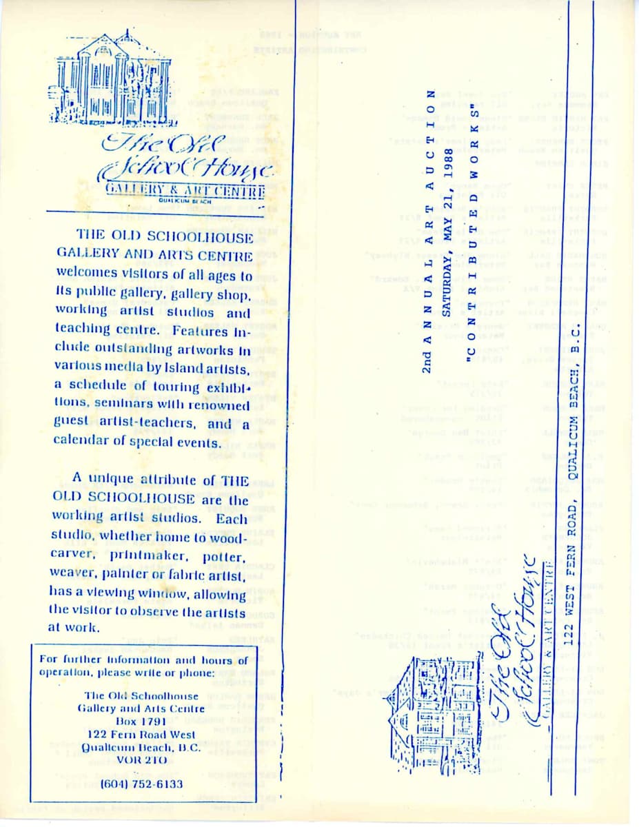 2nd Annual Art Auction - May 1988 by Peggy Burkosky, Dorothy Francis, Rosemarie Gall, Harry Heine, Peter Ewart, Simon Camping, Mark Henderson, Graham Herbert, John Hiebert, Don Li-Leger, Jack Lee McLean, Bruce Muir, Toni Onley, Pauline Pike, Jack Shadbolt, Millie Shapiro, Edward Snyder, Pat Audley, Kathleen Johanneson, Marla Wilson, Thomas Wall, Robert Walker, Jose Trinidad, Pat Martin Bates, Mark Hobson, Neil Howell, E.J. Hughes, Max Jacquiard, Browni Joerin, Flemming Jorgensen, Andrew Kiss, J. Fendwick Lansdowne, Larry Aguilar, Elaine Duncan, Claudia Gray, Gordon Hutchens, Roland Marion, Jason Marlow, Francois Mongeau, Pat Thompson, William Townsend, Kristeen Verge, Buster Wilson, Cynthia Rayner, Robin Hopper, Anne Boquist  Image: View pdf document to see all pages at https://www.artworkarchive.com/profile/tosh/artwork/2nd-annual-art-auction-may-1988