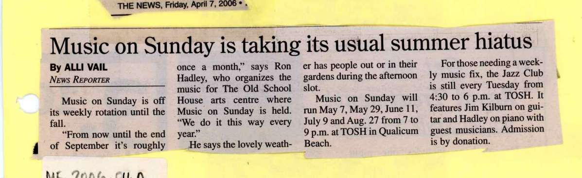 Music on Sunday is taking its usual summer hiatus by Ron Hadley, Jim Kilburn 