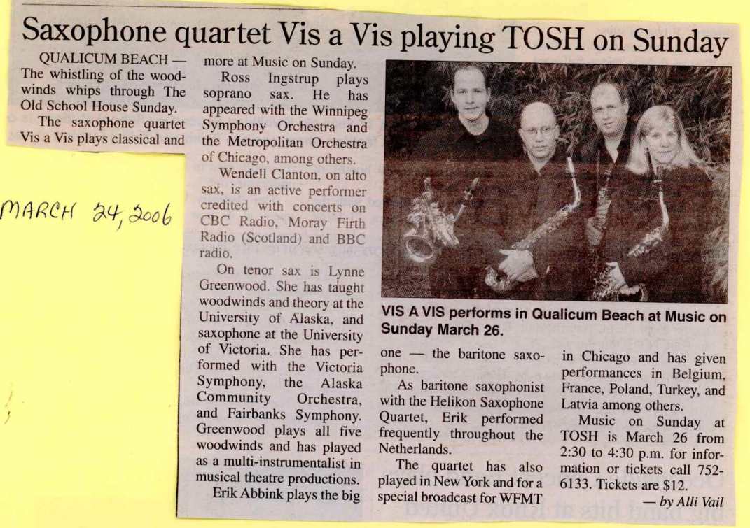 Saxophone quartet Vis a Vis playing TOSH on Sunday by Ross Ingstrup, Wendall Clanton, Lynne Greenwood, Eric Abbink  Image: see multiple images.