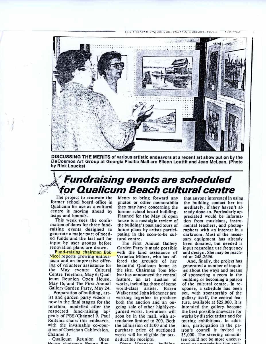 Fundraising Events are scheduled for Qualicum Beach cultural centre by Peggy Berkowski, Peggy Burkosky, Tom McIver, John Michener, Veronica Milner, Diana Mongeau, Paul Reitsma, Karen Walker, Eileen Louttit, Jean McLean, Rick loucks 