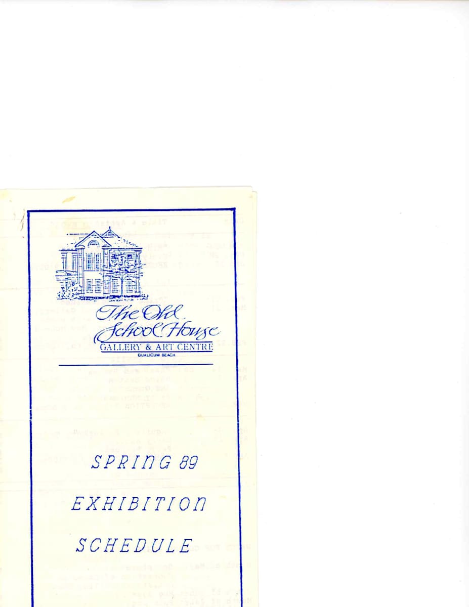 Spring 89 Exhibition Schedule by Larry Aguilar, Peggy Berkowski, Peggy Burkosky, Bea Day, Babe Gunn, Edie Miller, Sherry Mitchell, Evelyn Scott, Jerry Shulman, Bev McLeod, Lynn Starter, Lynn Startup, Margo Button, Ann Gransden  Image: Open PDF document to view all pages at https://www.artworkarchive.com/profile/tosh/artwork/spring-89-exhibition-schedule