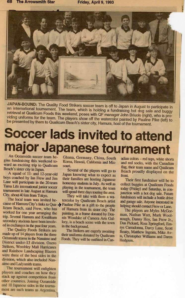 Pauline Pike personal archives 1993  Image: Soccer lads invited to major Japanese tournament