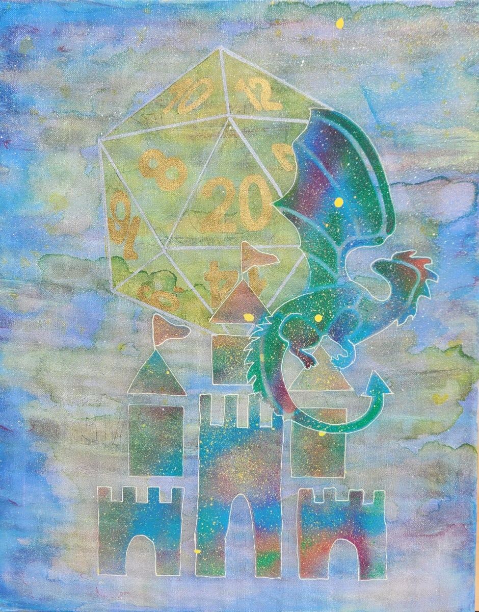 Rollin' Natural by Brandy Riverwright  Image: This particular piece started it's journey with less love than I had hoped for but it now speaks for itself with it's glowing Natural 20.  The color play in the dragon and castle are delightfully playful, joyful even. 