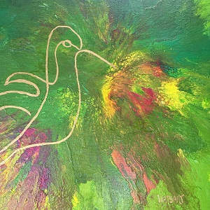 Golden Nectar by Lydia Watson, WATSART  LLC  Image: In Golden Nectar, fluid color and line converge to capture a fleeting moment of grace. Vivid greens, gold, and magentas pulse with organic energy, surrounding a minimalist golden outline that suggests a bird in motion. The composition evokes renewal, vitality, and the luminous exchange between nature and spirit.