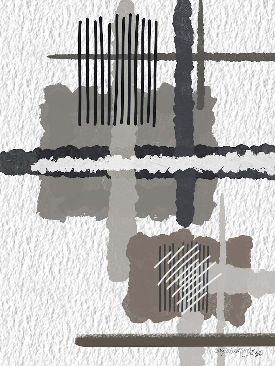 Bold Lines & Quiet Tones by Gaylotta Murray  Image: The artwork is an abstract composition featuring a series of intersecting lines and geometric shapes.