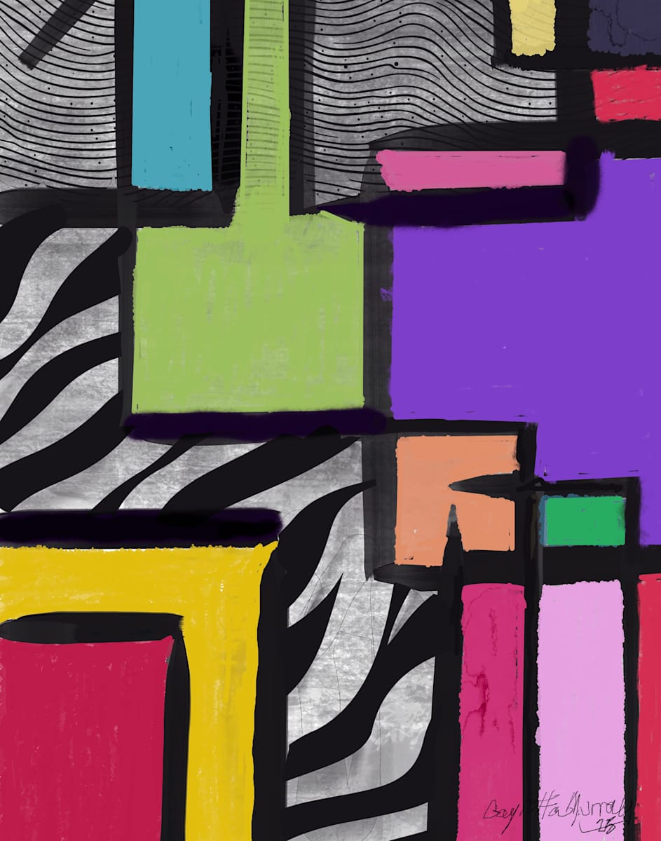 Zebra Tail by Gaylotta Murray  Image: The artwork is a vibrant abstract composition featuring bold, geometric shapes outlined in thick black lines.