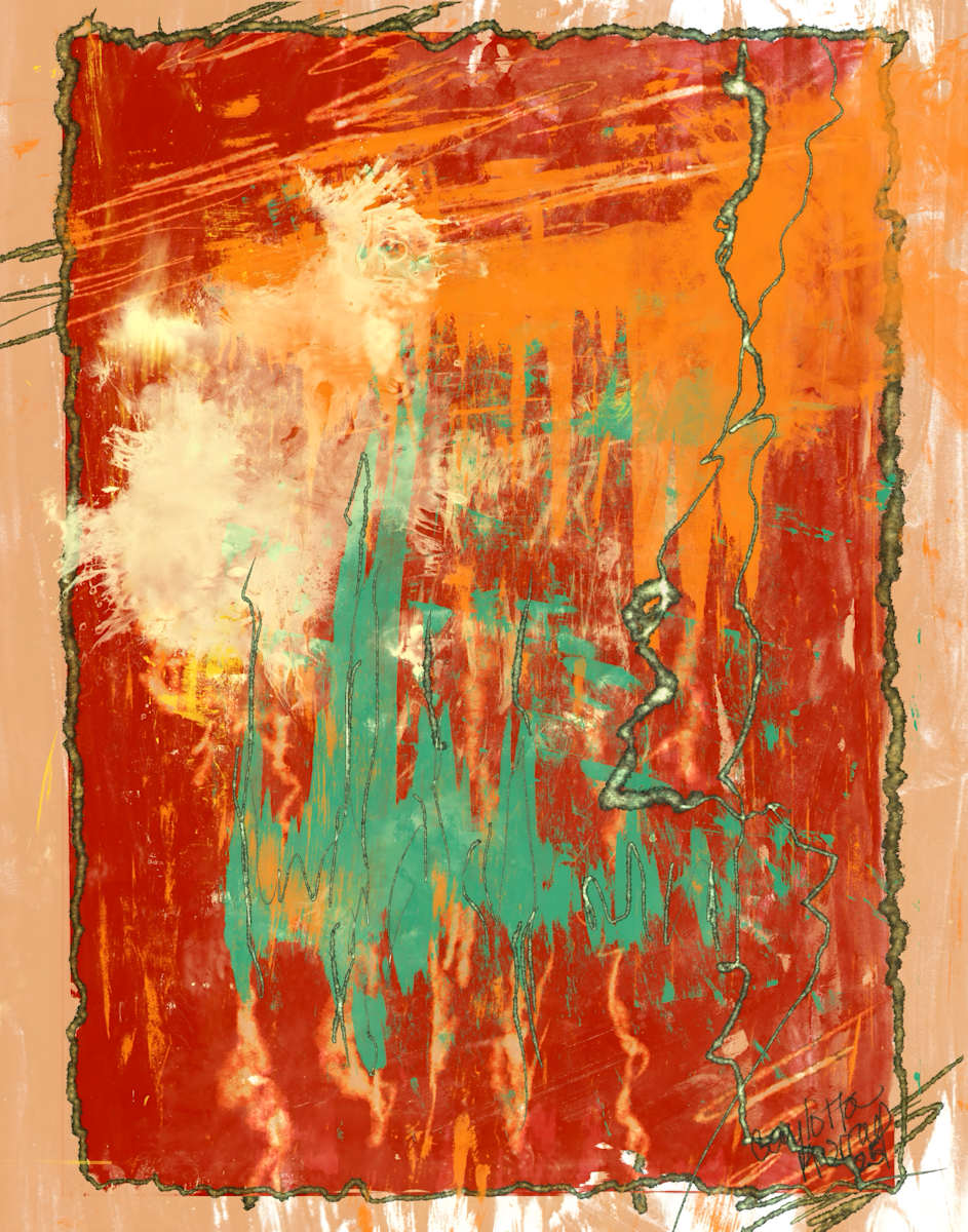 The Jade Rift by Gaylotta Murray  Image: The artwork showcases a vibrant composition dominated by warm tones of red and orange, creating an intense, fiery background.