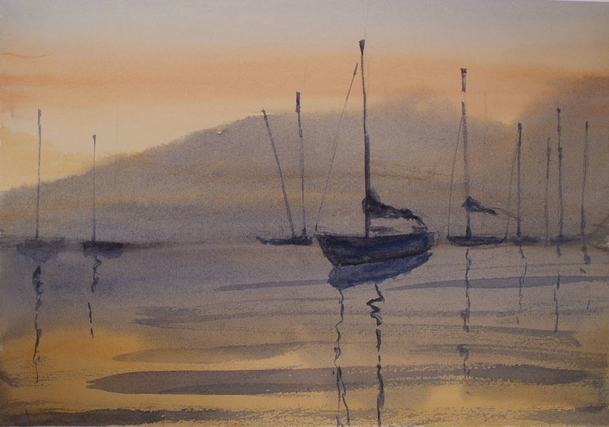 Sail boats at sunrise by Tina Mewhinney 