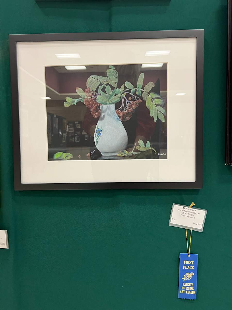Vase with Leaves and Berries by Teri Liptak  Image: Second Place Award Advance II division Still Life category