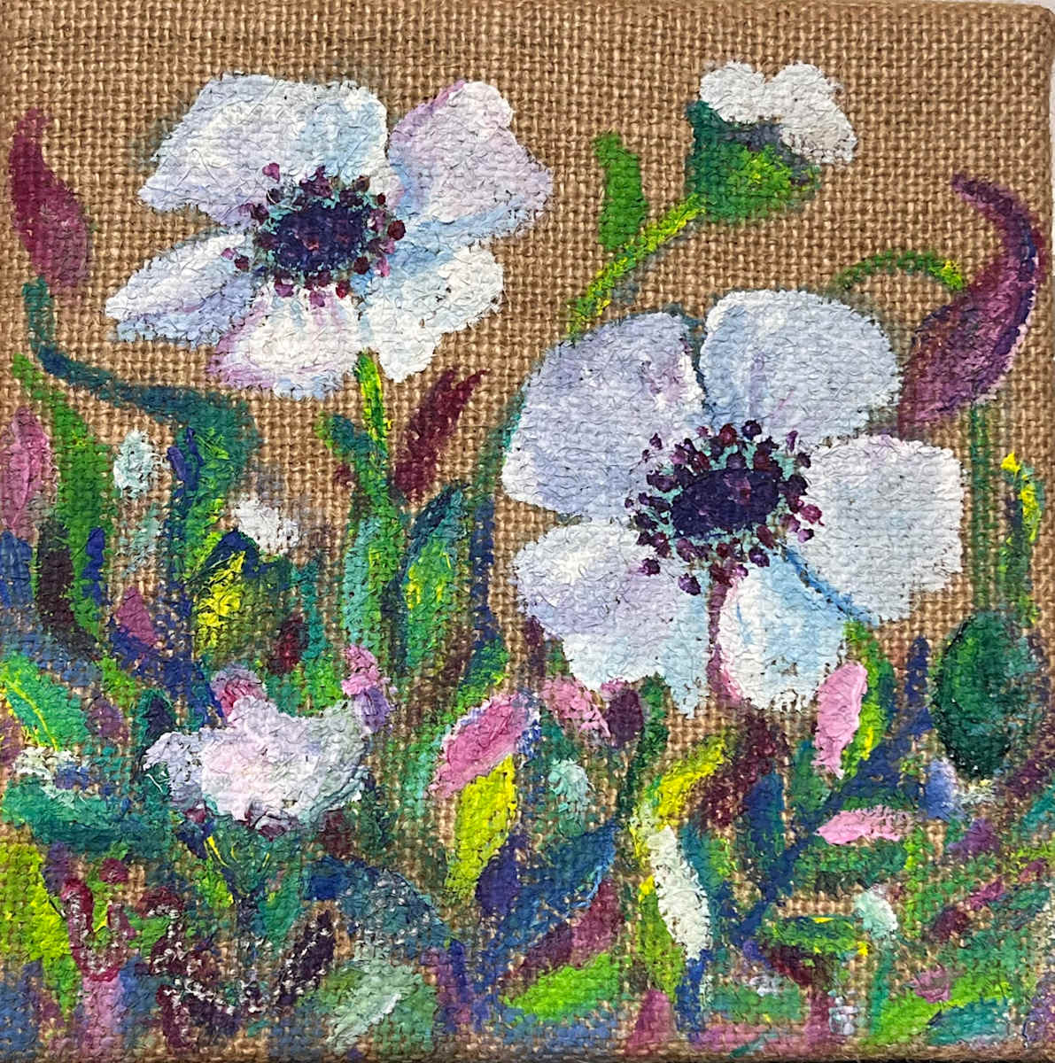 White blooms on burlap by Liz Reese, Image 1.