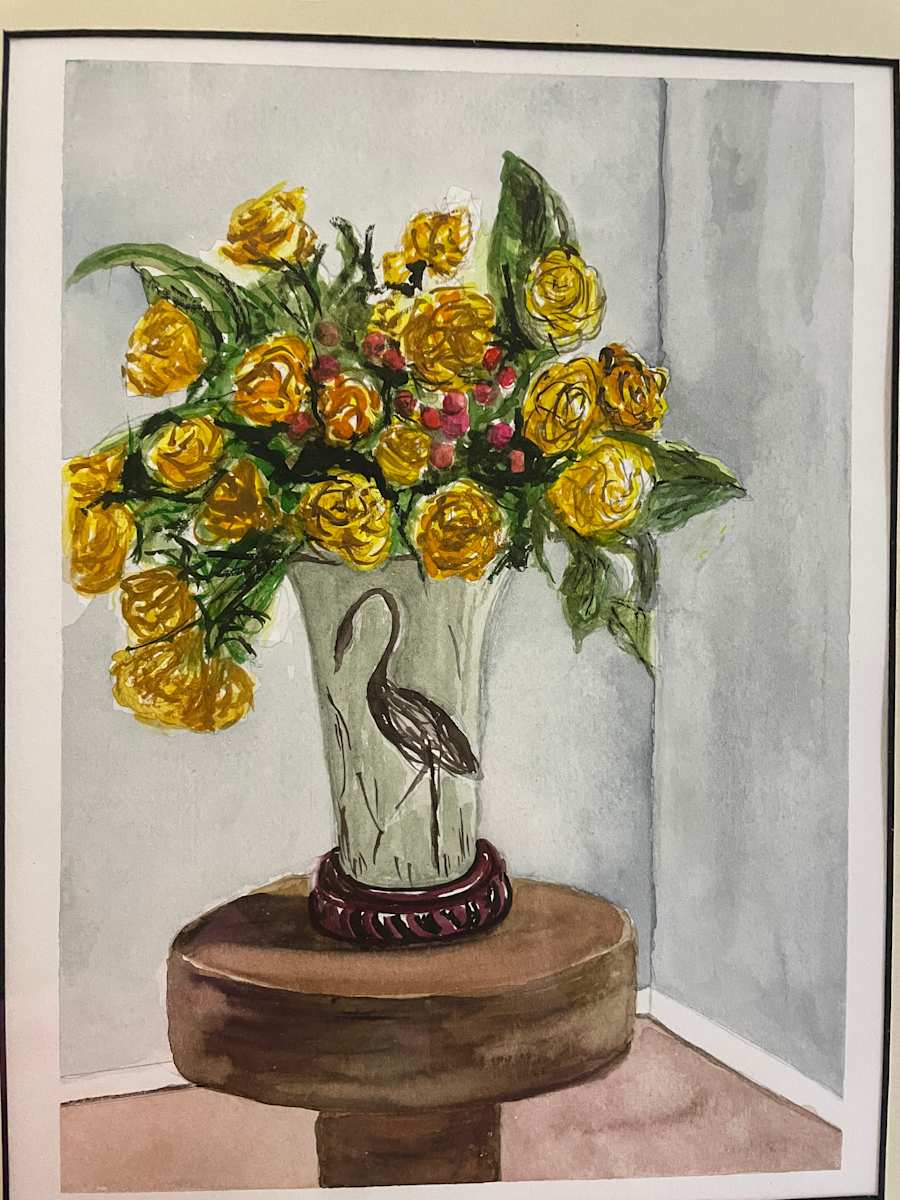 Vase with Bird & Yellow Roses by Marsha Blount 