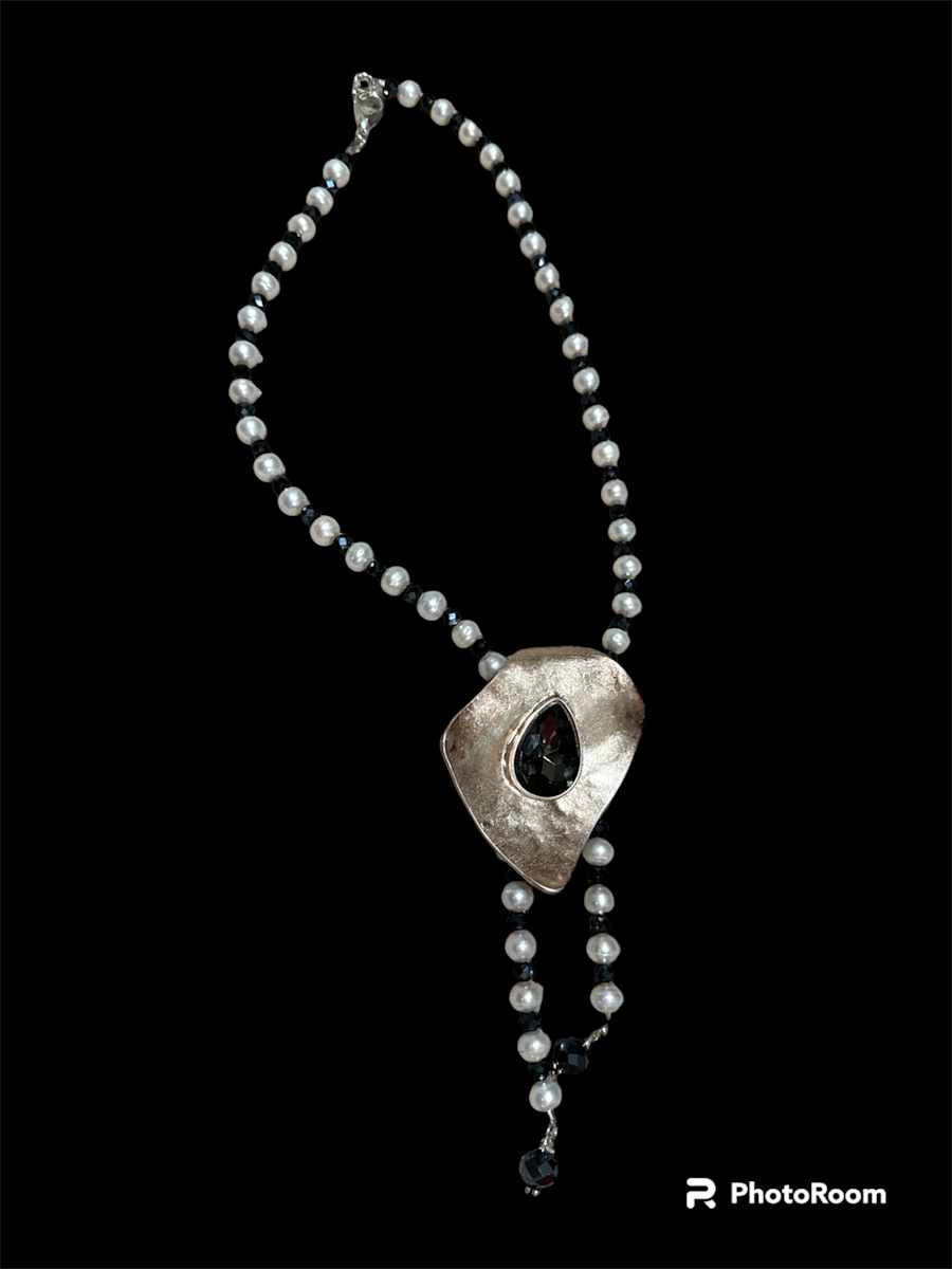 Pearl and black Bead Necklace with Silver and Back Pendant by Barbara Miller 