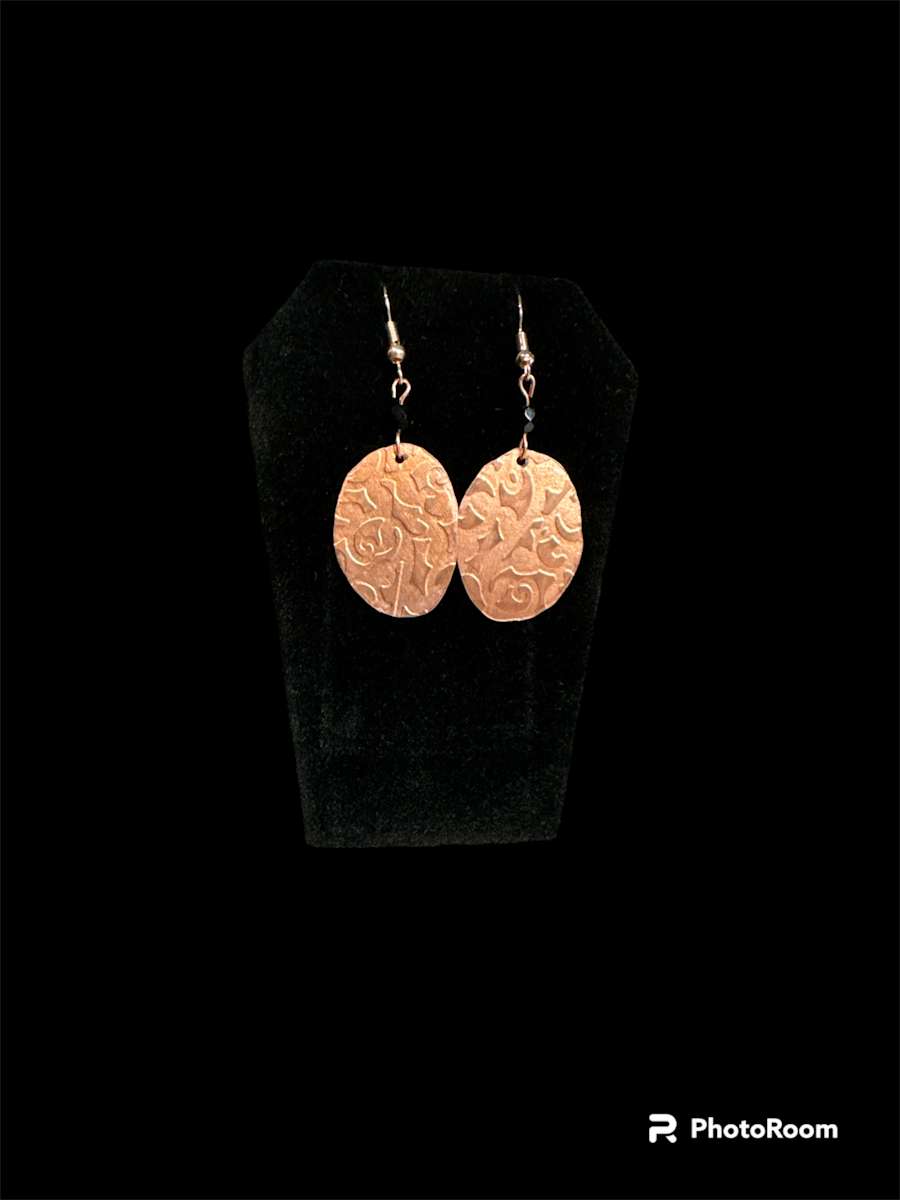 Copper Oval Imprinted Earrings (med) by Barbara Miller 