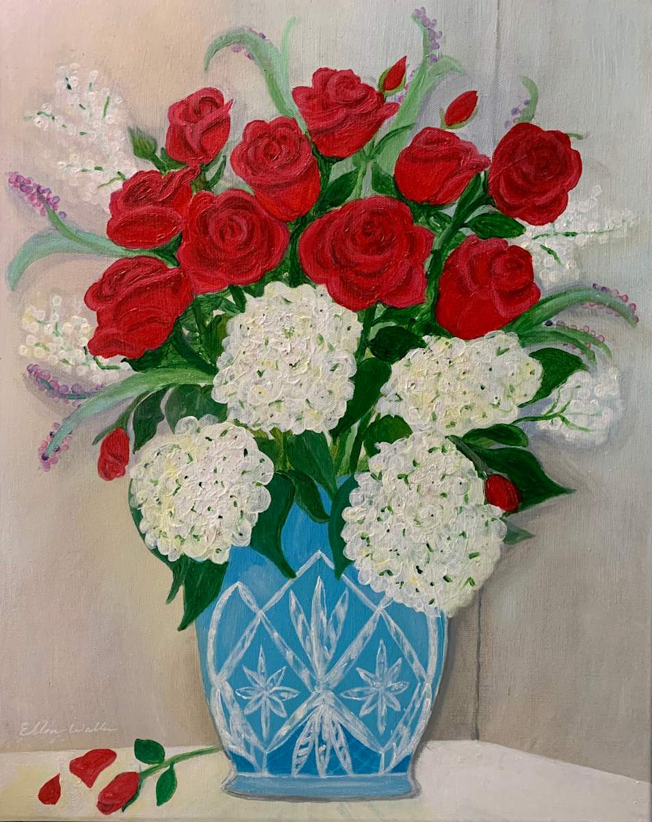 Roses and Hydrangeas in Crystal Vase by Ellen Waller 