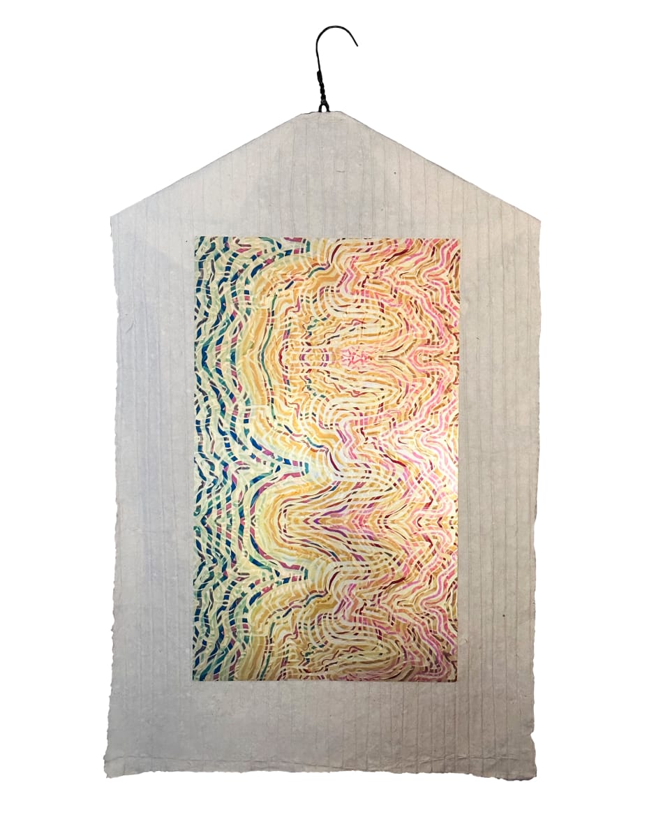 Dust Settles Slowly by Annie Beeson  Image: A photo of an oil-pen painting is reflected and multiplied in a collage. The resulting archival photograph is mounted on artisan paper. The textured and fibrous artisan paper is mounted on a metal hanger. Iridescent light in the intertwining lines shifts as the viewer moves through the room. 