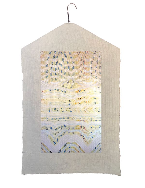 Will You Stay Or Go by Annie Beeson  Image: A photo of an oil-pen painting is reflected and multiplied in a collage. The resulting archival photograph is mounted on artisan paper. The textured and fibrous artisan paper is mounted on a metal hanger. Iridescent light in the intertwining lines shifts as the viewer moves through the room. 