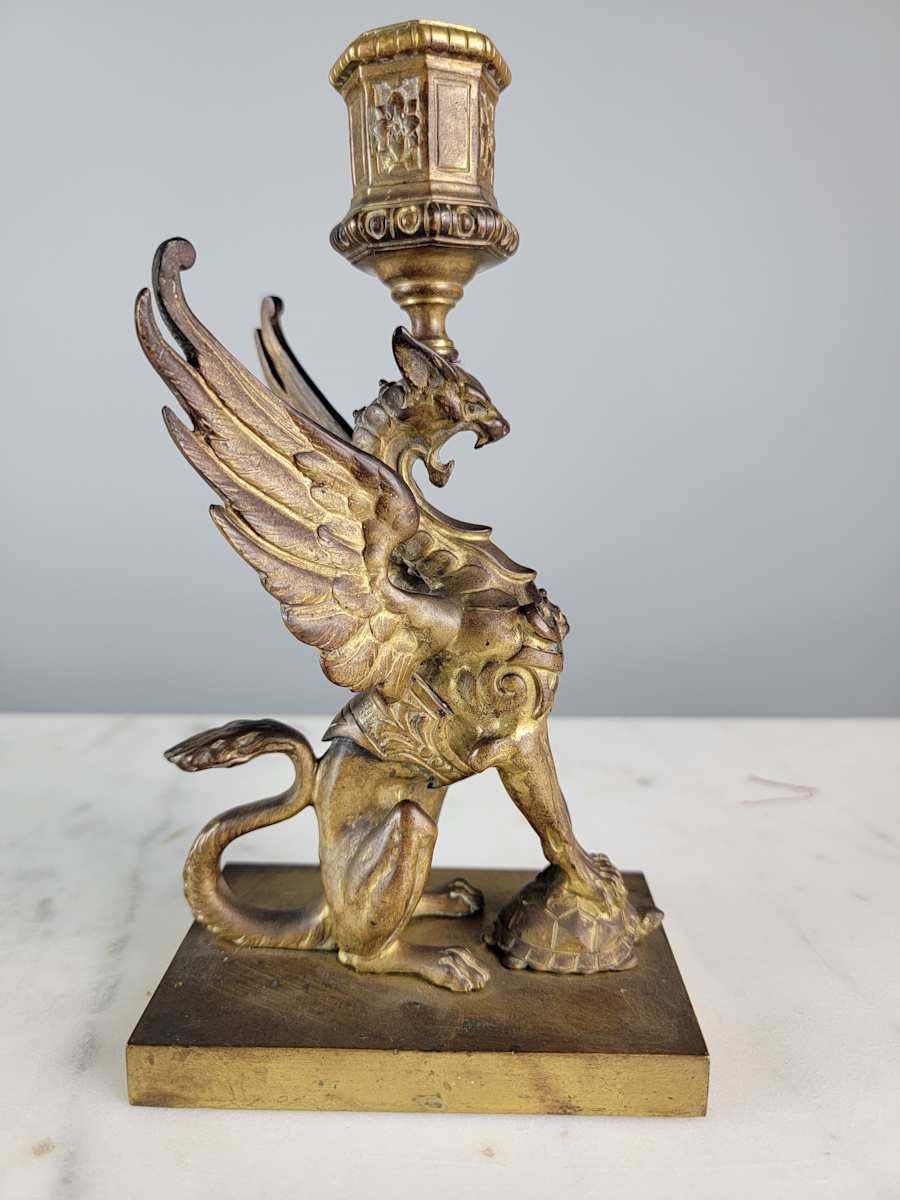 French Gilt Bronze Griffin Candlestick by French Gilt Bronze 