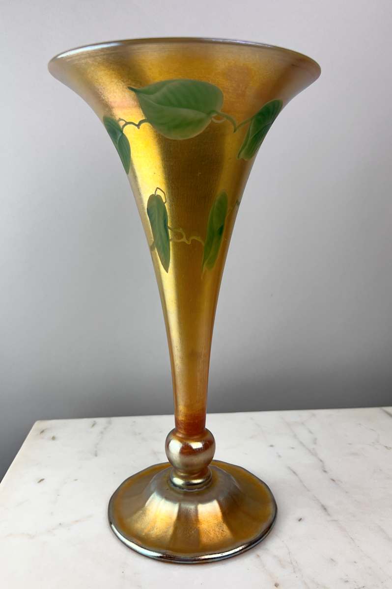 Tiffany Studios Gold Favrile Glass Trumpet Vase with leaf and vine decoration by Tiffany Studios, Louis Comfort Tiffany 