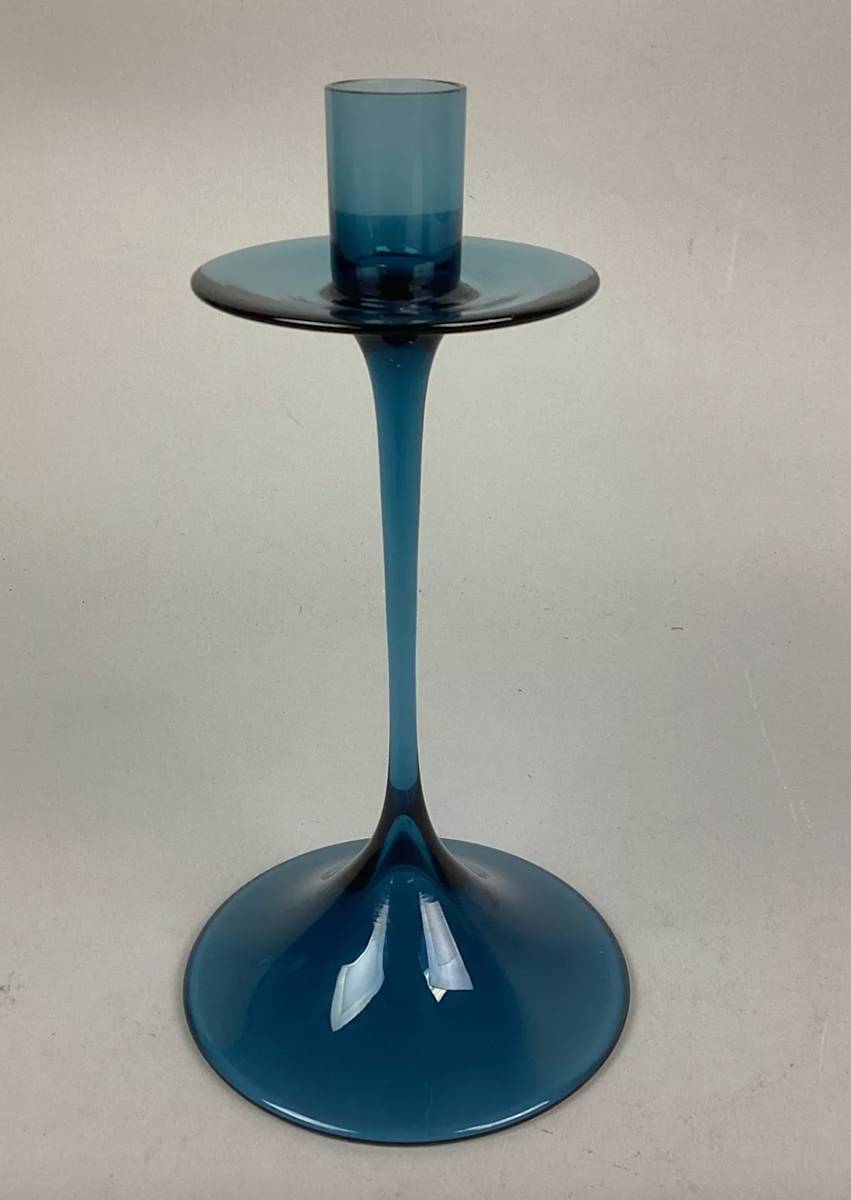 Orrefors Blue Glass Candlestick Holder by Orrefors, Nils Landberg 