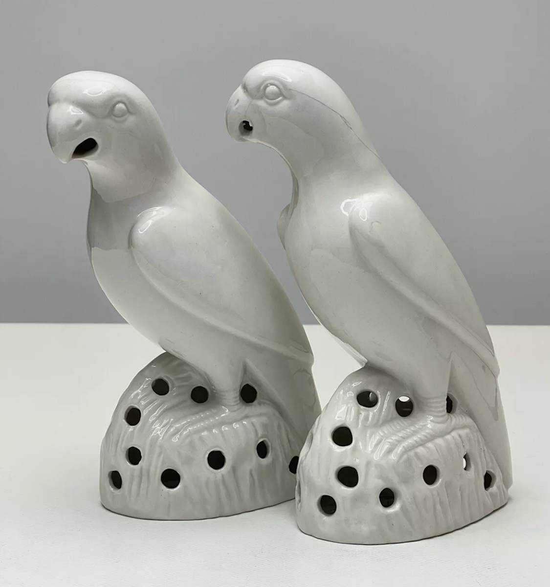 Chinese White Porcelain Parrots/ Pair by Hong Kong Chinese Porcelain Parrots 