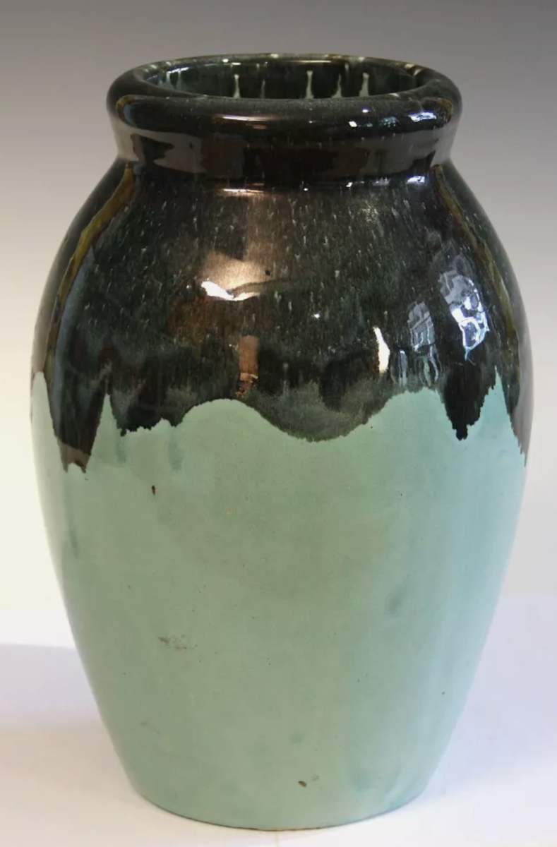 Zanesville Stoneware Black Drip Aqua Vase "J" by Zanesville Stoneware Company 