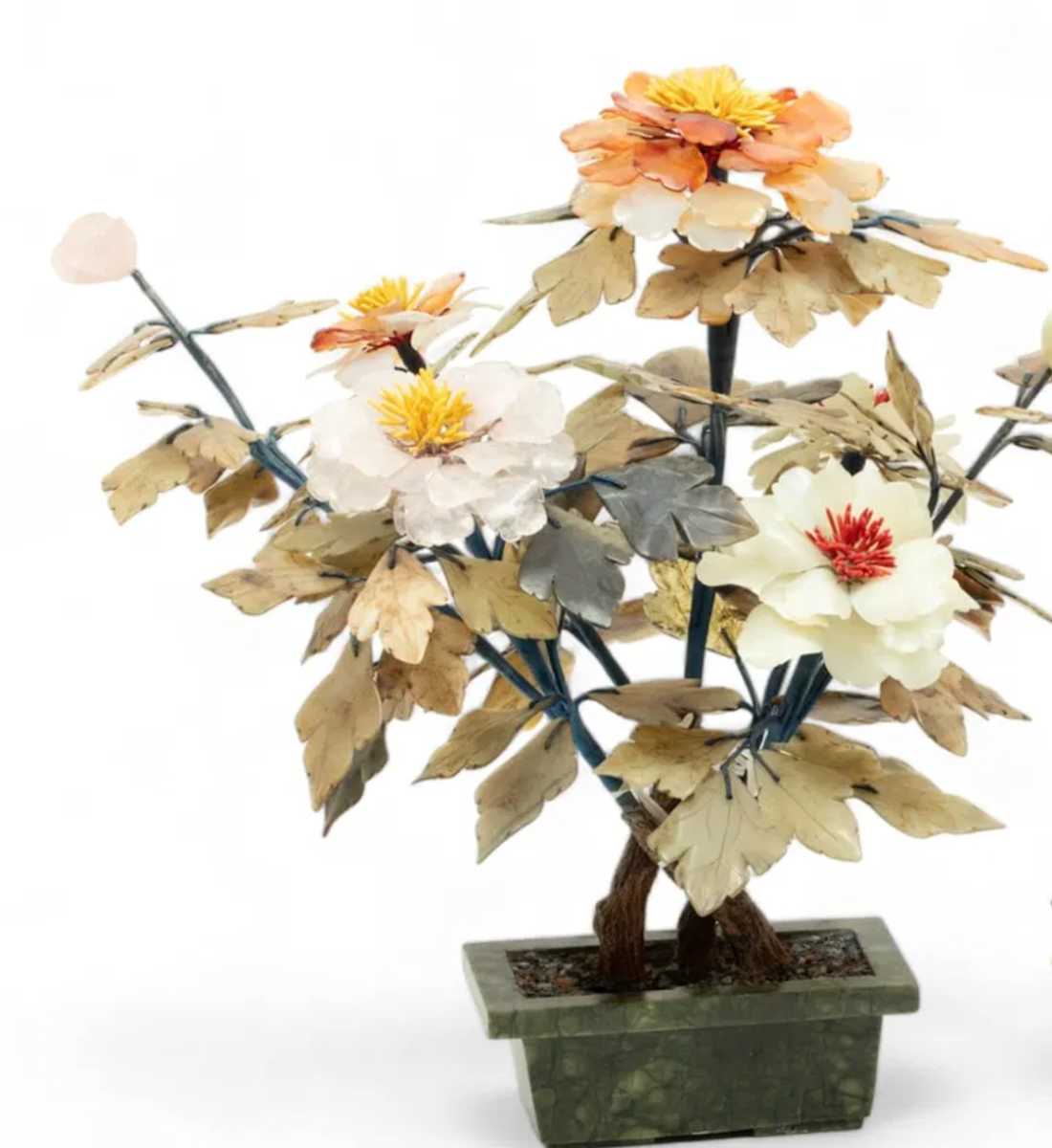 Jade & Agate Carved Bonsai Flower Tree 18" 