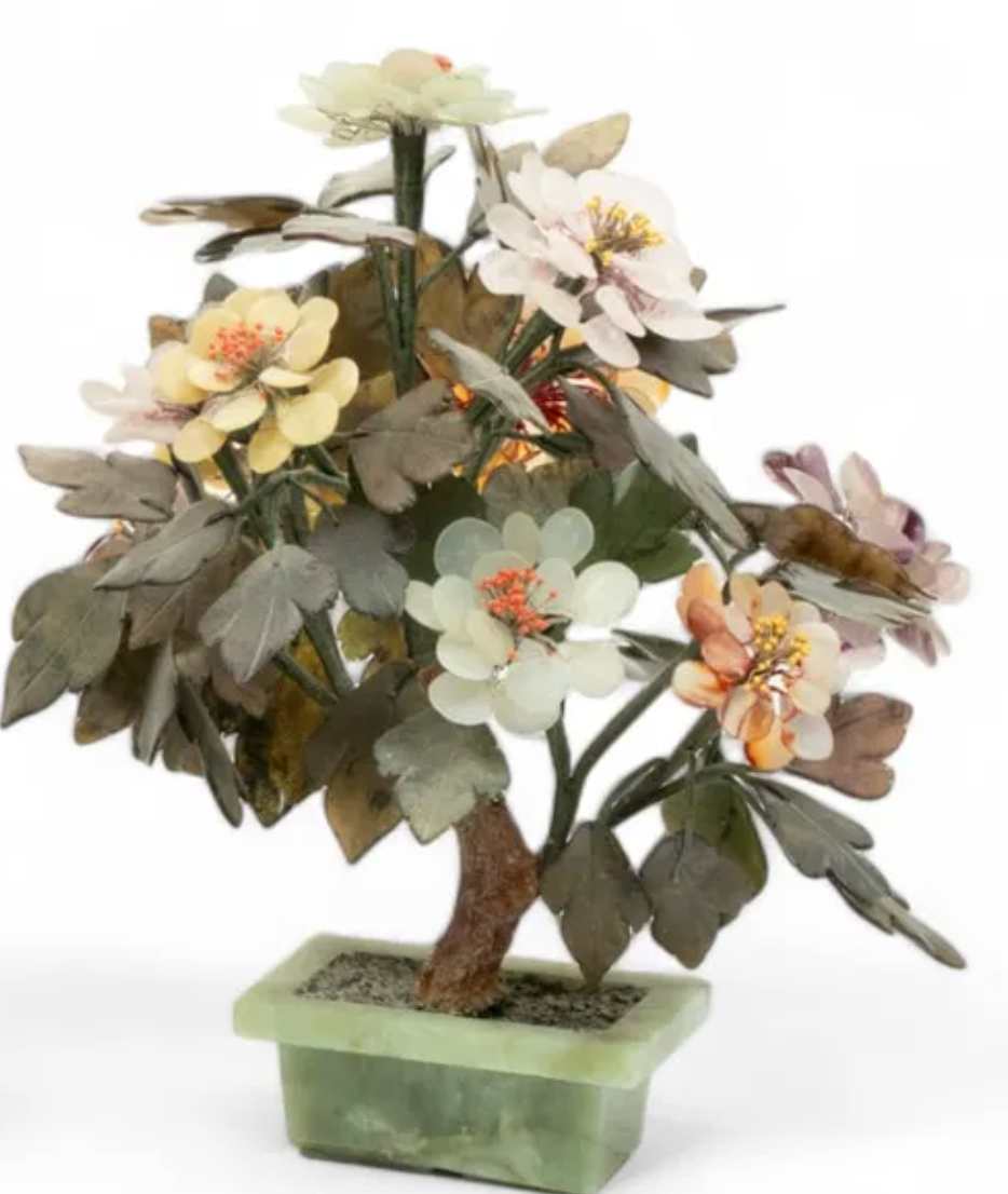 Jade & Agate Carved Bonsai Flower Tree 13" 