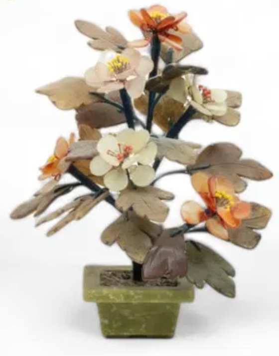Jade & Agate Carved Bonsai Flower Tree 8.5" 