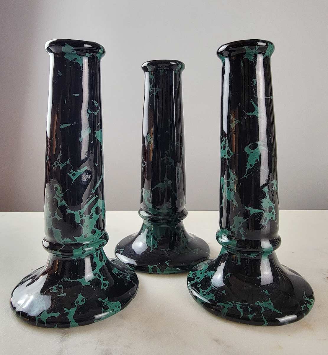 Bennington Black On Green Tall Candlesticks 6.5"/ Set of 3 by Bennington Potters 